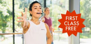 Picture of woman working out with text reading First Class Free